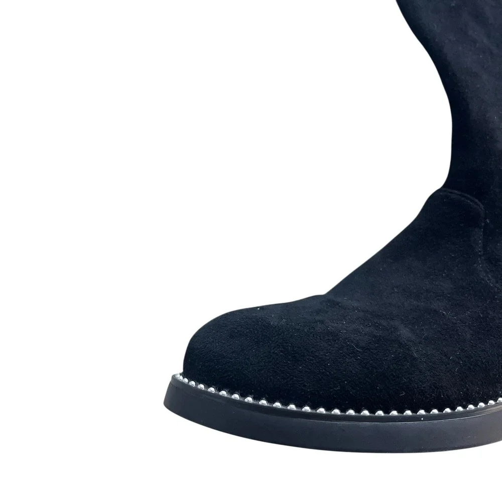 Women 35 Black Stretch Suede Silver Studded Knee High Tie Detail Flat Sole Boots